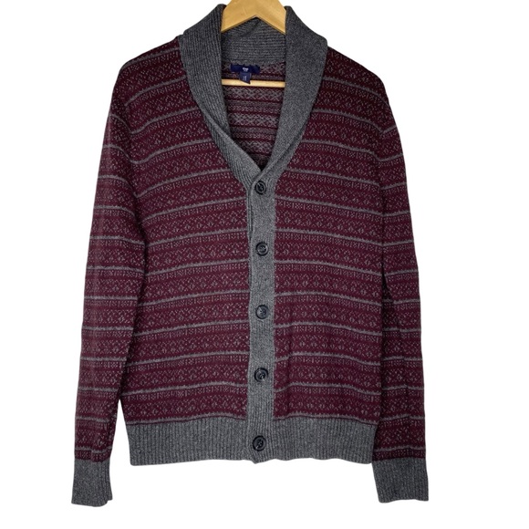 GAP Cardigan Academia Grandpa Sweater Gray Stripe Maroon Button Down Mens Medium - Picture 1 of 8